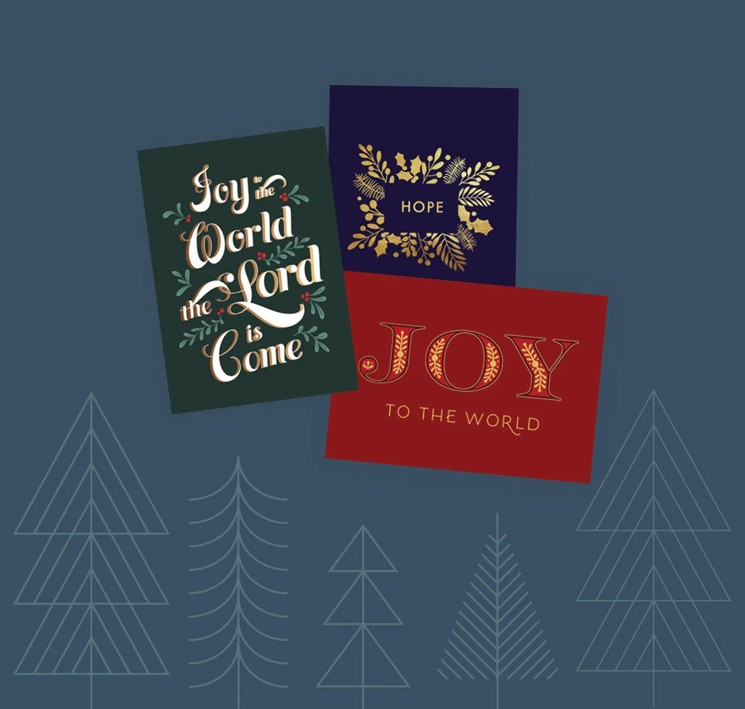 image of 3 different christmas cards, once that says "Joy", another says "Hope", and another that says "Joy to the World, the Lord is come". They are in different styles and different colors.