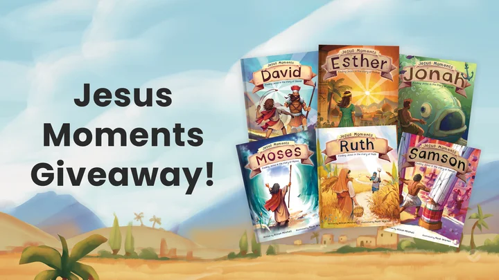 Graphic that says "Jesus Moments Giveaway!" and features all the titles in the Jesus Moments series