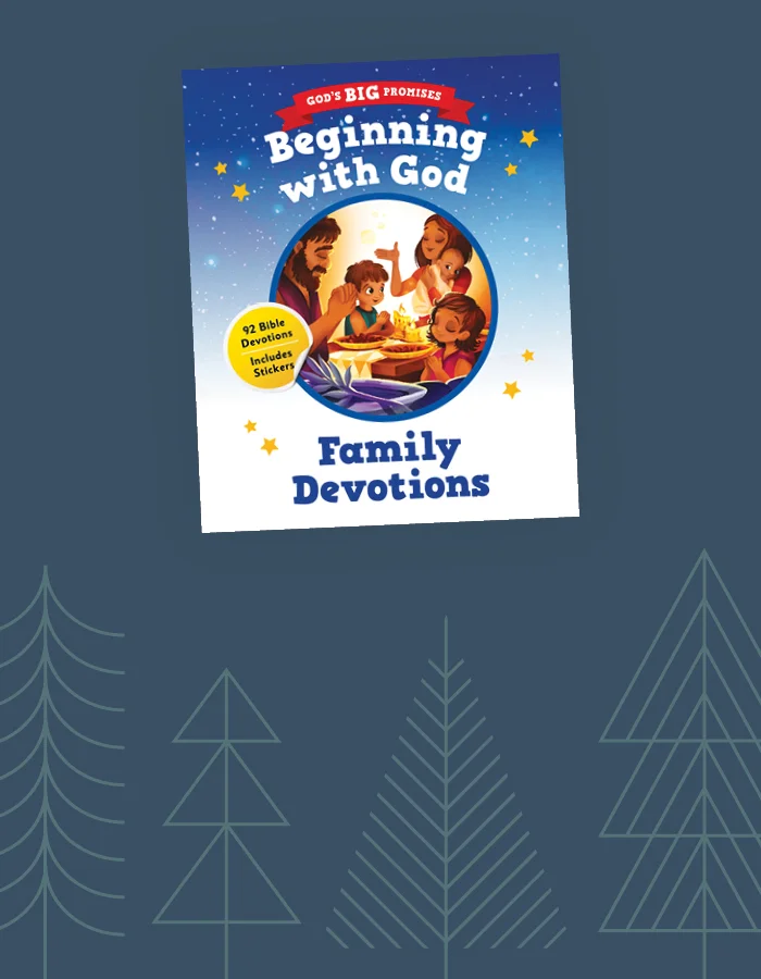 Graphic featuring God's Big Promises The Story of Christmas with Christmas tree outlines in the background